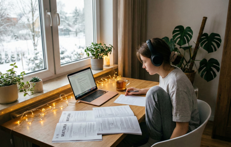 Młoda osoba w przytulnym swetrze uczy się matematyki do matury w ferie zimowe, siedząc przy biurku z laptopem, notatkami i kubkiem gorącego napoju, na tle ośnieżonego okna.