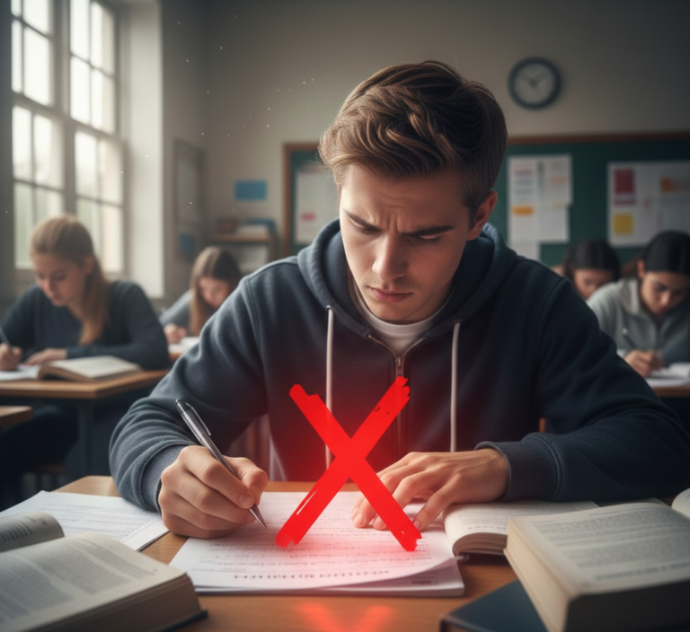 Uczeń piszący egzamin, błąd kardynalny matura.