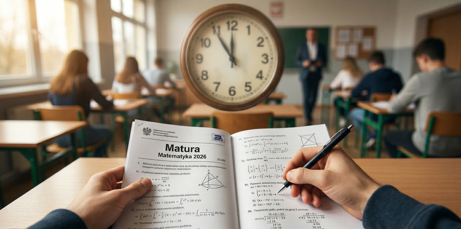 Zdjęcie przedstawiające maturę z matematyki 2026 z perspektywy pierwszoosobowej. Nad kartką widnieje zegar który ma sugerować ograniczoną ilość czasu