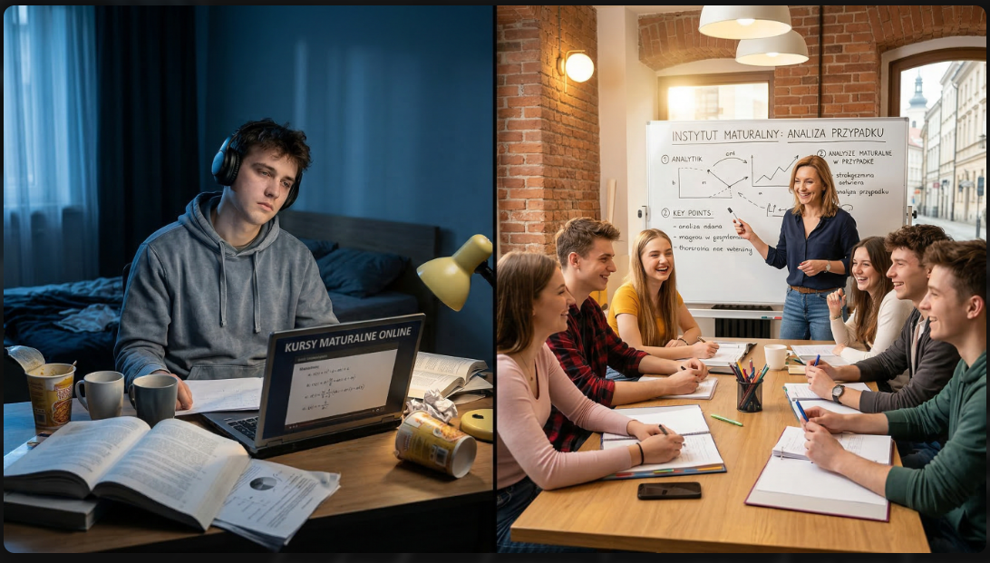 Porównanie ucznia na kursie maturalnym online z zaangażowaną grupą na kursie stacjonarnym w Warszawie w Instytucie Maturalnym.