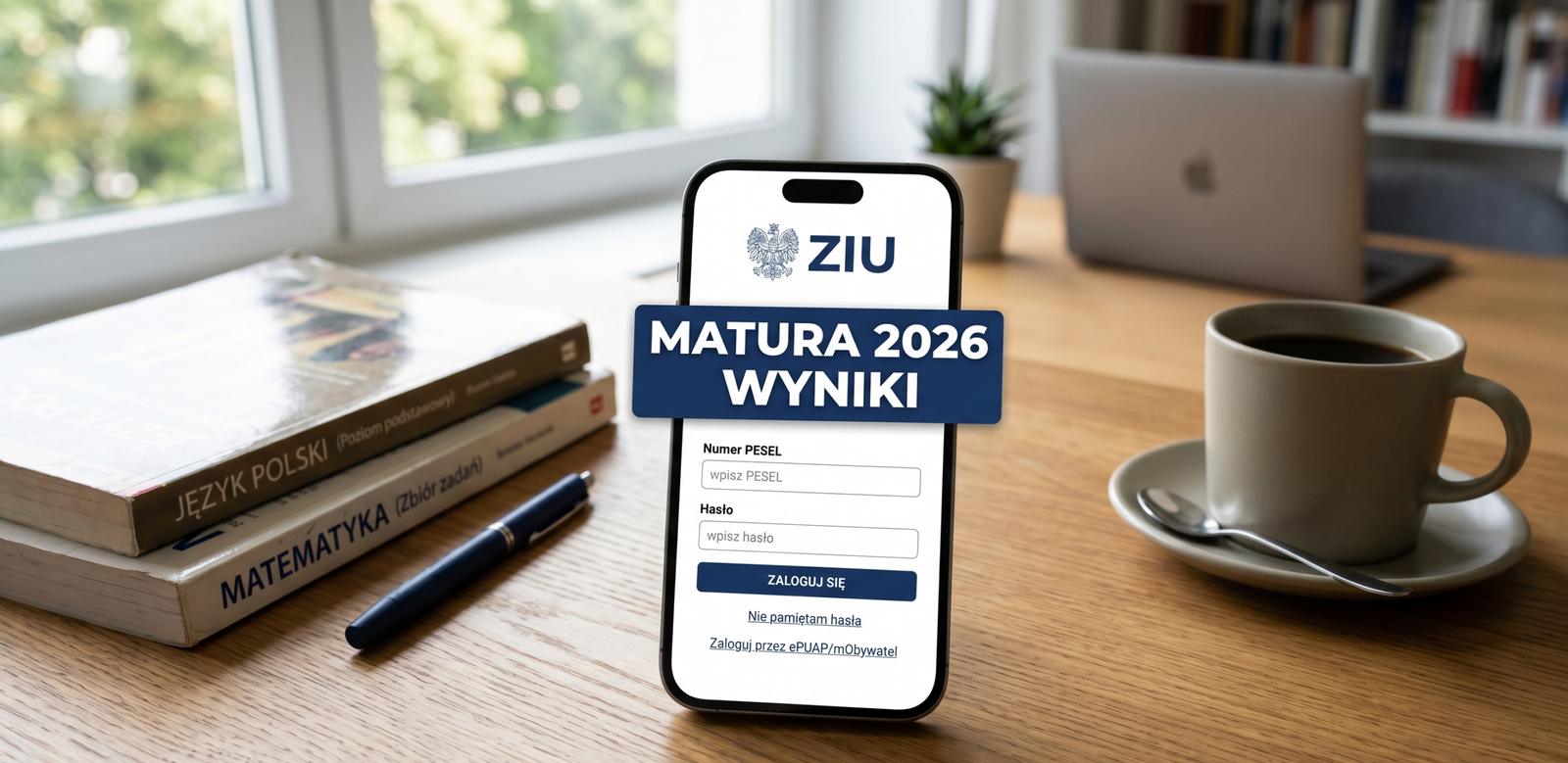 Zdjęcie przedstawiające telefon, na którym jest widoczny napis: Matura 2026 wyniki Grafika oddaje tematykę wynków maturalnych