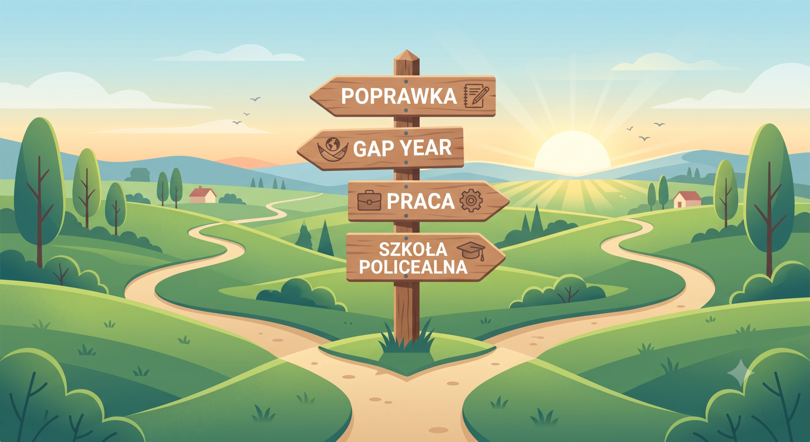 Estetyczna, jasna grafika przedstawiająca drewniany lub nowoczesny drogowskaz na rozwidleniu dróg. Na strzałkach widnieją napisy w stylu: Poprawka, Gap Year, Szkoła policealna, Praca. Są to różne opcje do co jeśli nie zdam matury?