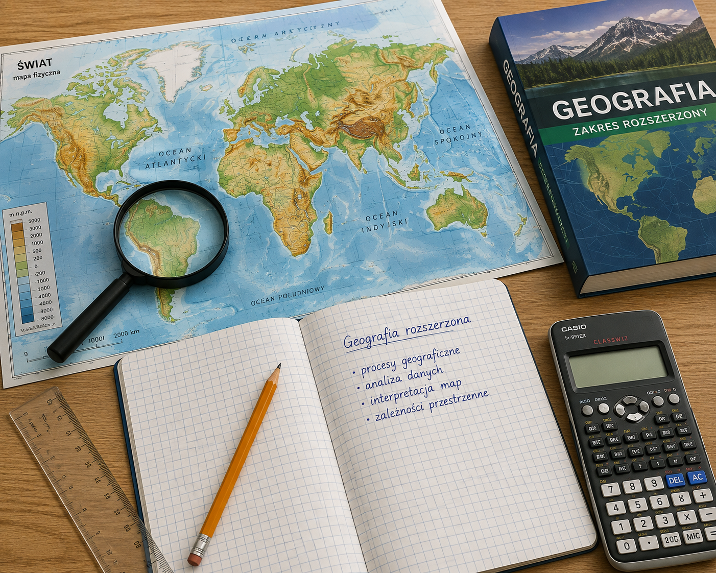 Geografia rozszerzona - czy warto zdawać na maturze? Obrazek przedstawia pomoce naukowe potrzebne do nauki geografii - mapa, lupa, podręcznik, zeszyt, kalkulator i ołówek.
