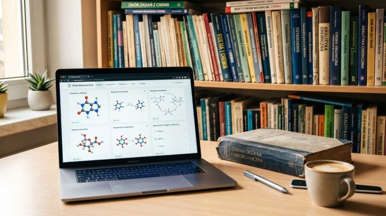 Realistyczne zdjęcie przedstawiające laptopa z zadaniami maturalnymi z chemii rozszerzonej. Obok i w tle leżą zakurzone zbiór zadań chemia maturalna i repetytorium.