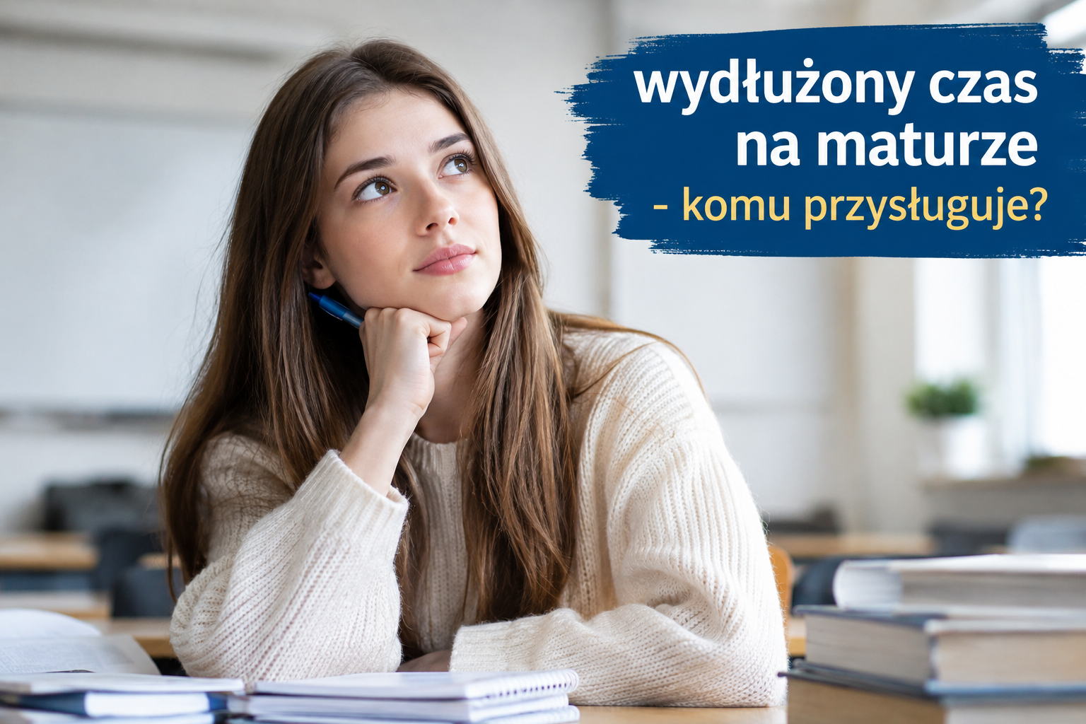 Grafika przedstawia maturzystkę, która zastanawia się, komu przysługuje wydłużony czas na maturze.